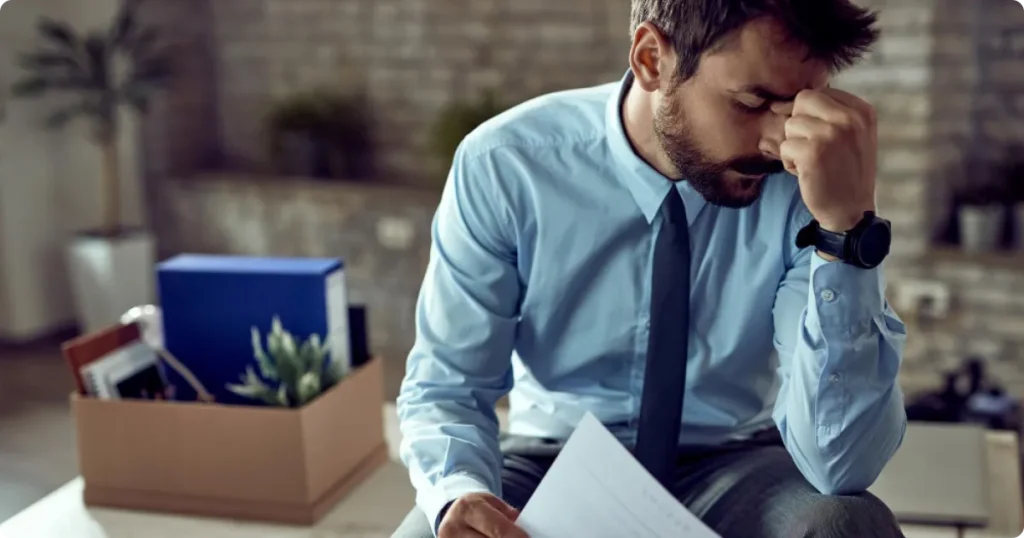 Empresáio sentado segurando documentos, com expressão de preocupação e mão na testa.